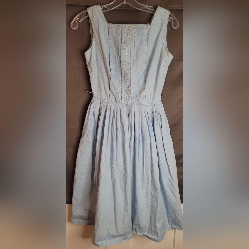 Vintage 1950s Betty Barclay Fit and Flare Swing Dress Blue & white Embroidery Sm